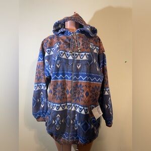 OutBrook Womens Aztec Tribal Fleece Jacket Blue Brown full zip hooded‎ w/pockets